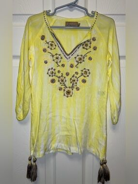 Skemo Yellow Embellished V-Neck Tunic with Tassels